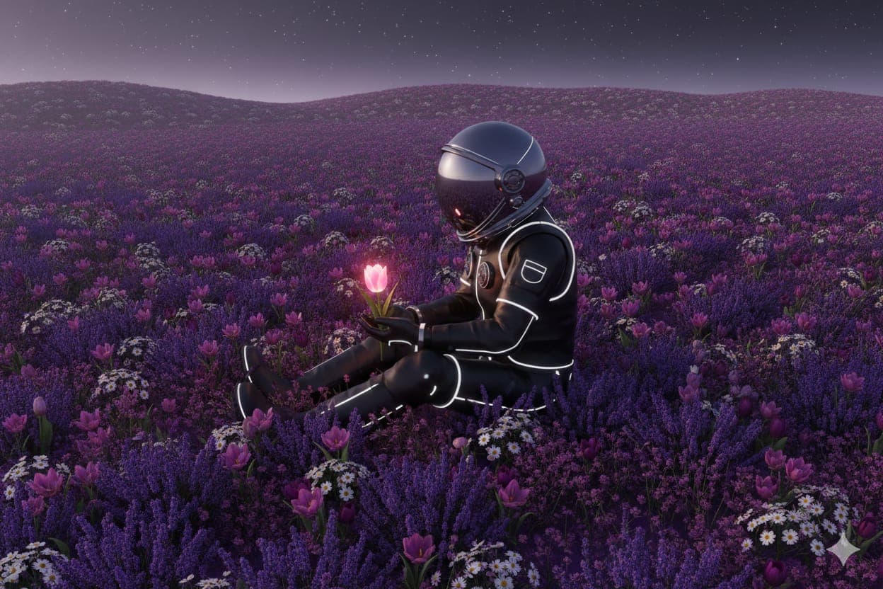Astronaut sitting in a field of purple flowers holding a glowing flower