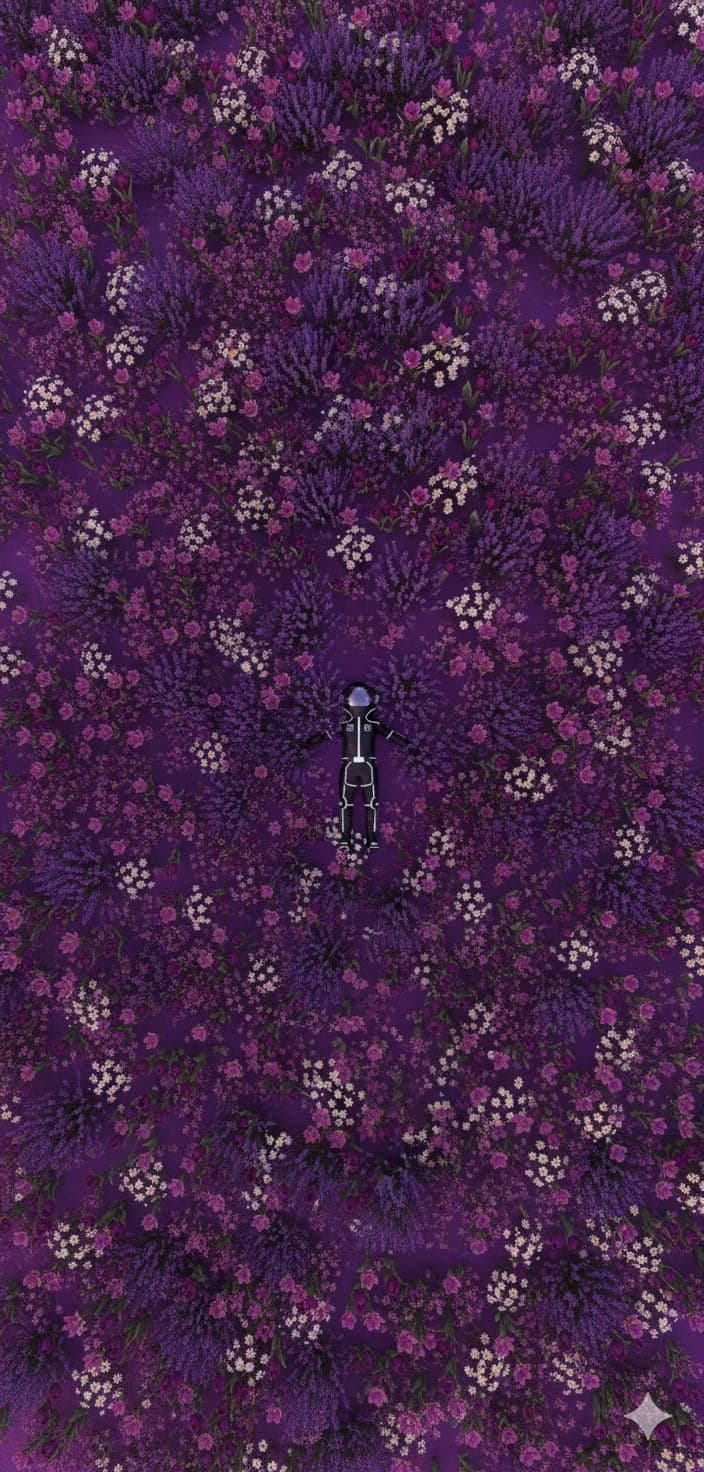 Top-down view of an astronaut lying in a purple flower field